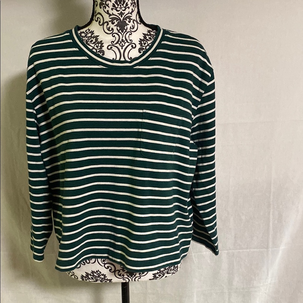 Roolee Forest Green and White Striped Crew Neck 3/4 sleeve Blouse EUC 100% Linen